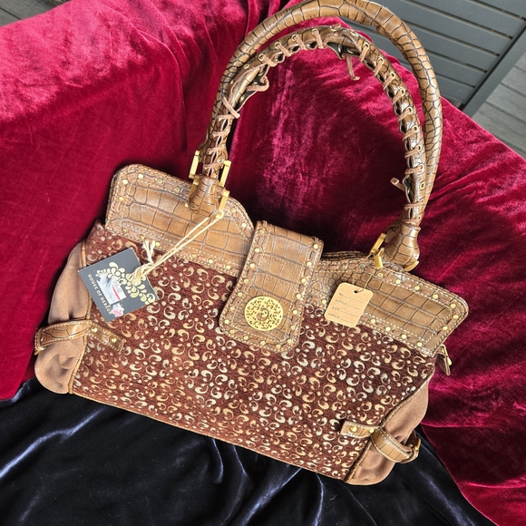 House of Deréon Handbags - House of Deréon Brown Croc Embossed Tapestry Satchel Handbag